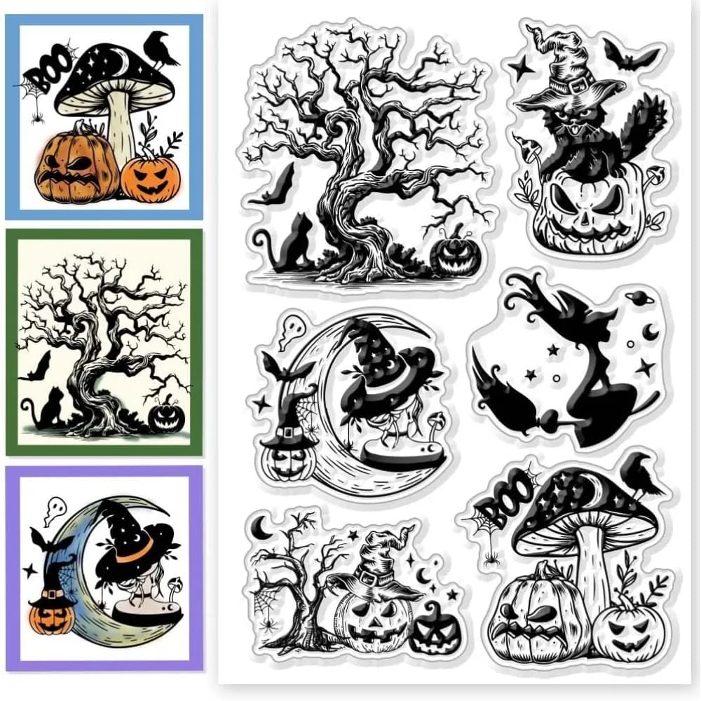 Timbri trasparenti di Halloween Strega Gatto Zucca Fungo Albero Timbro trasparente in silicone Timbri in silicone Sigilli per kit di creazione fai-da-te