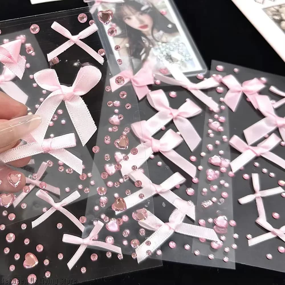 2 pezzi 3D rosa amore pizzo fiocco adesivi di cristallo adesivi decorativi per fai da te Kpop Toploader carino scintillante adesivi con strass regali per ragazze