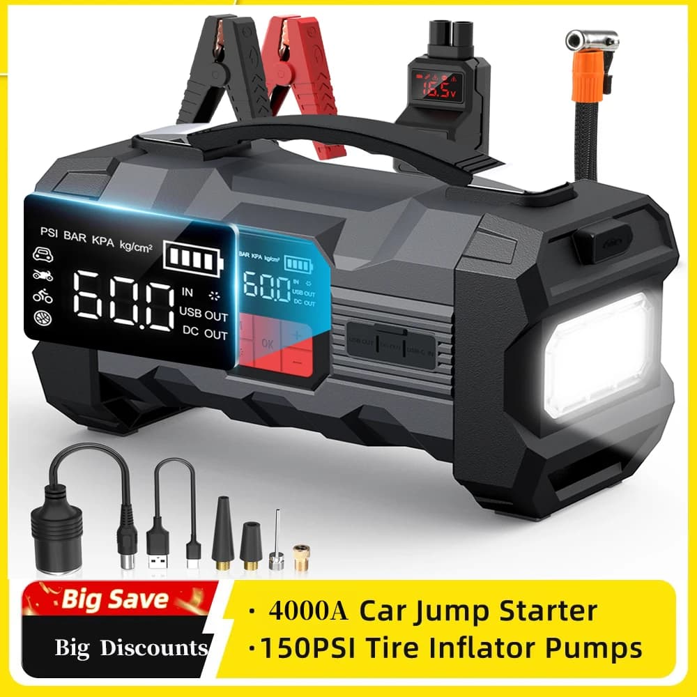 Avviatore di Emergenza 26800mAh con Compressore d'Aria 1000A/1500A PEAK, Gonfiatore Pneumatici, Caricabatterie Portatile per Auto, Power Bank, Pompa d'Aria