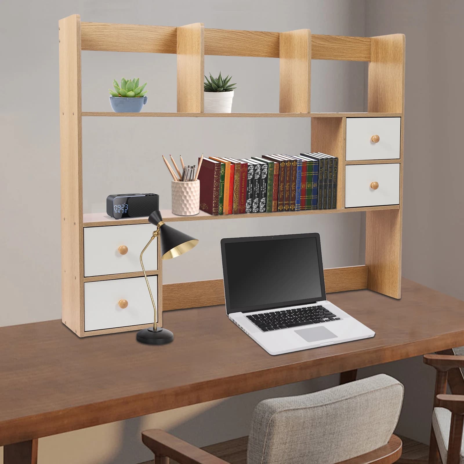Organizer per cassettiera da scrivania in legno, cassettiera da scrivania con 8 ripiani e 4 cassetti, scrivania da toeletta solo con cassettiera, piccolo ripiano da scrivania estensibile