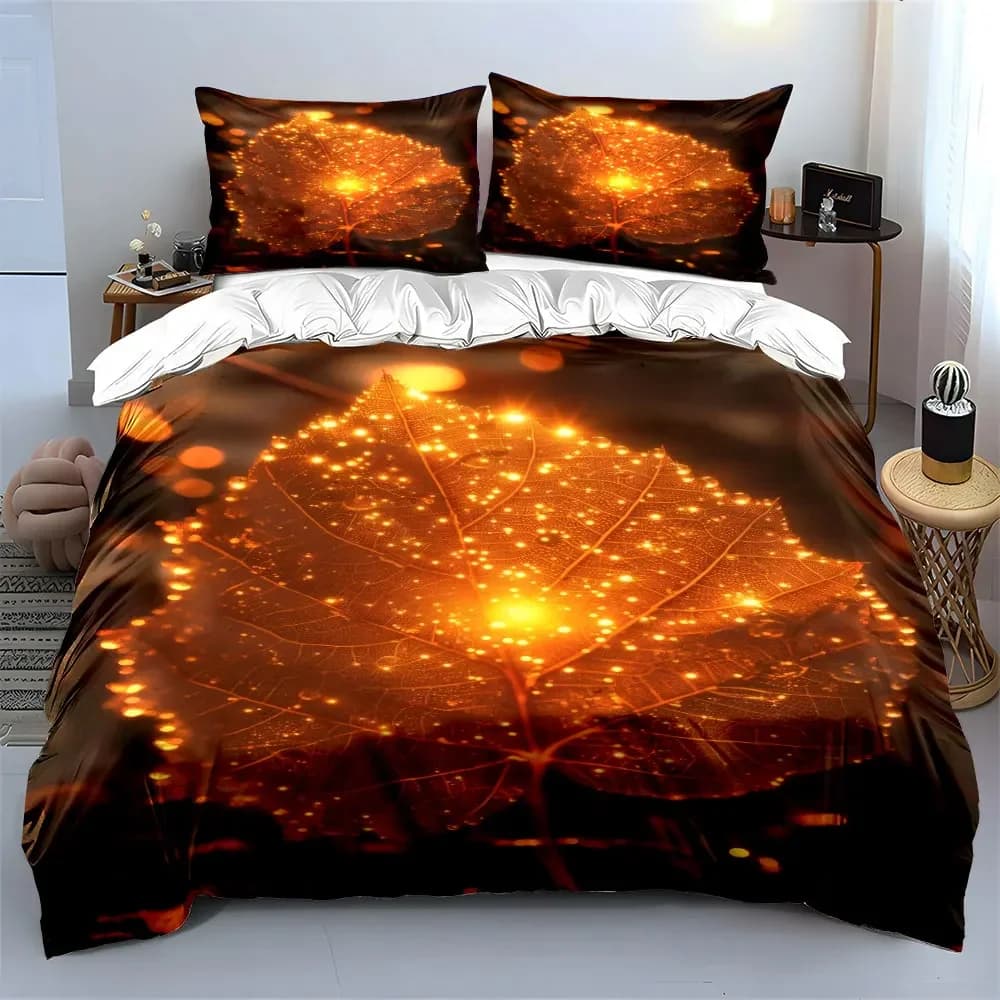 Set Decorativo Foglia Dorata: Set Biancheria da Letto Morbido e Confortevole con 1 Copripiumino e 2 Federe, Regalo