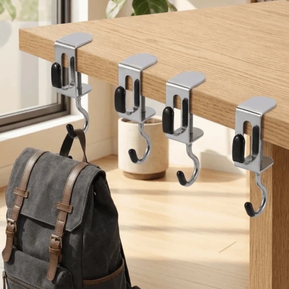 2PCS Steel Adjustable Desk Edge Hook Detachable Removable Headphone Hanging Hook Punch-free Double Hook Backpack Hook School