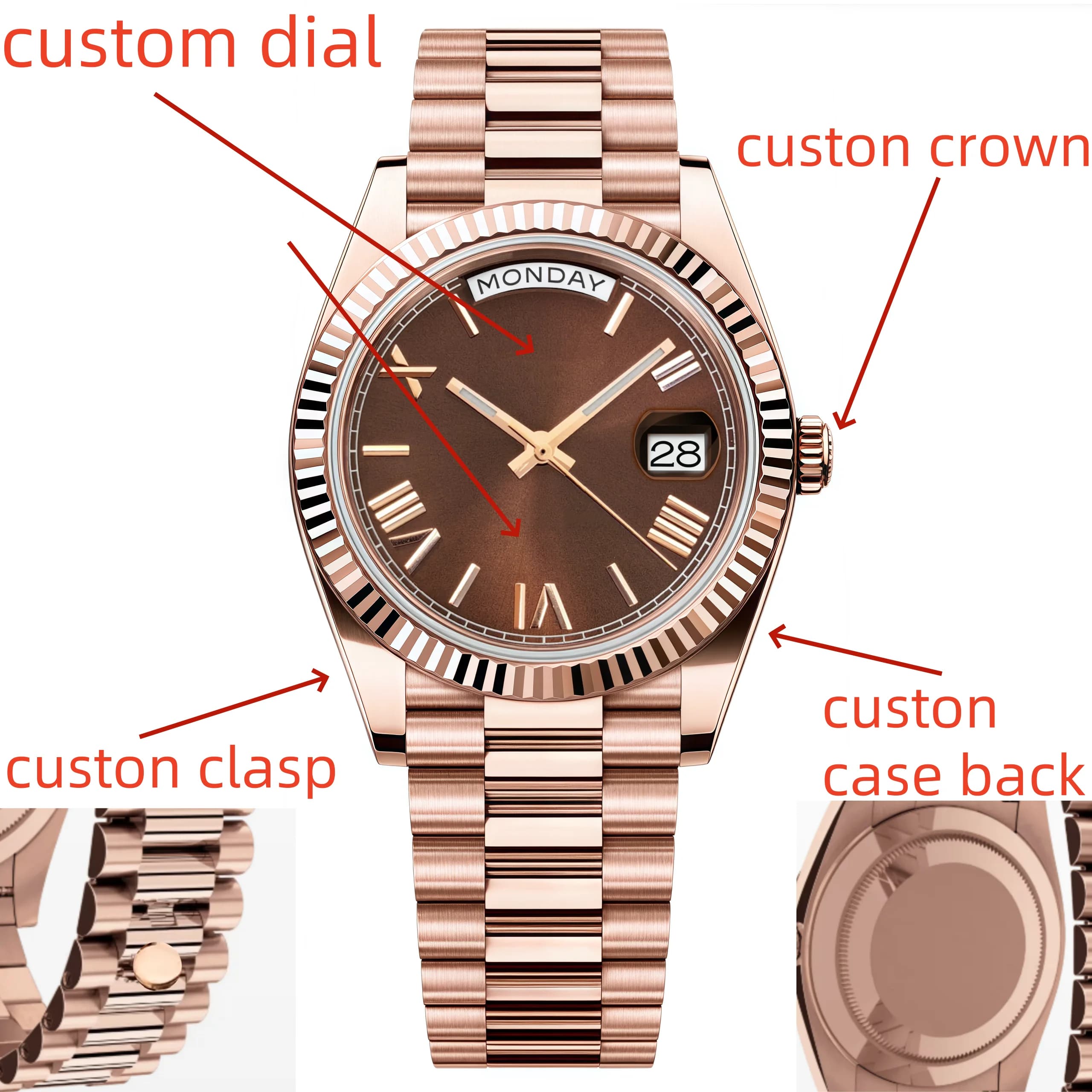 Watch with custom logo Luxury mechanical wristwatch in pink gold for men with weekly calendar MIYOTA 8285 men's waterproof watch