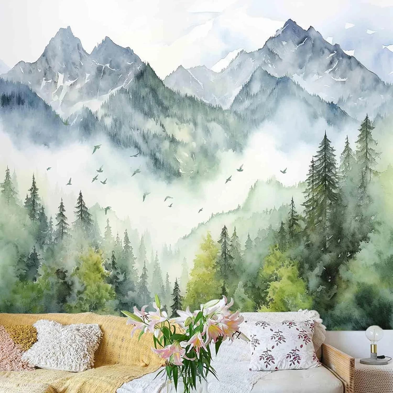 Atrippy Forest Nature Tapestry for Bedroom, Green Misty Foggy Mountain Sage Trees Wall Tapestry