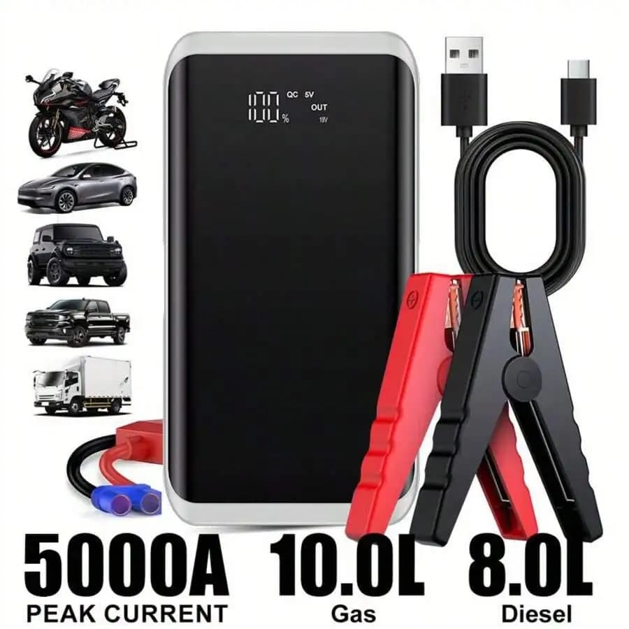 Avviatore di Emergenza Portatile 5000A con Uscita USB QC 5V/19V per Auto, SUV, Camion e Moto