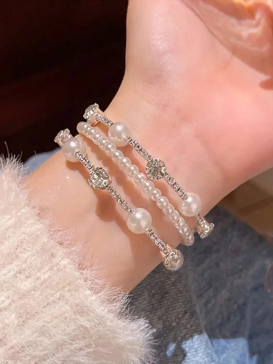 1pc Silver Crystal & Faux Pearl Bracelet, Suitable For Wedding, Ball, Daily Wear Valentine's Day Accessories,Summer,Jewellery,Fe