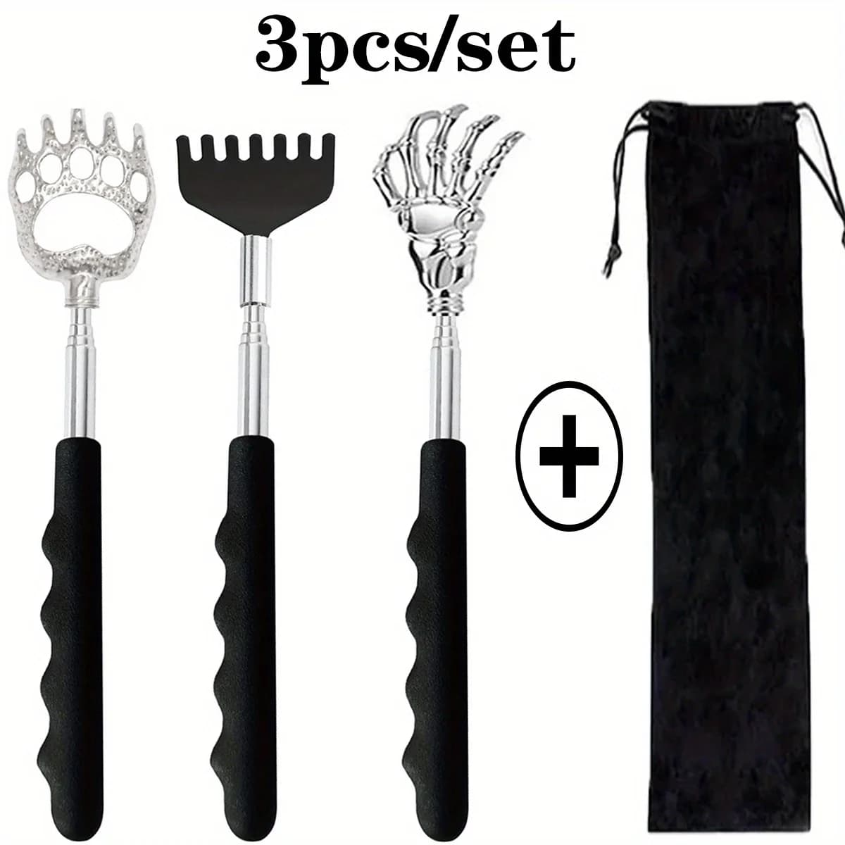 Set da 3 massaggiatori telescopici per la schiena – Testine a forma di aquila/a 7 denti/a artiglio d'orso, in acciaio inossidabile, portatili per persone/animali domestici, custodia in velluto