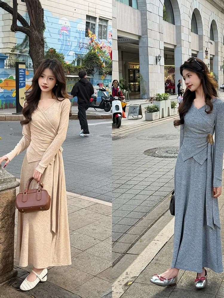 Asymmetrical high waist skirt and top with V-folds and design with belt for slimming effect, women's spring outfit.