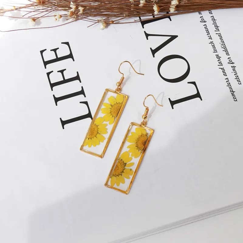 Unique Pressed Flower Design Rectangular Earrings Handmaking Epoxy Resin Narural Flower Earrings Wholesale Custom Accessories