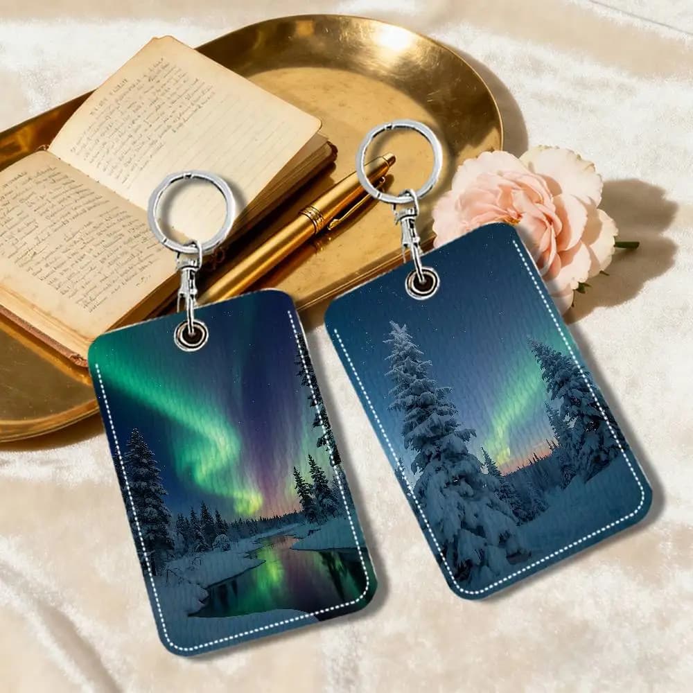 Portachiavi in pelle con motivo Aurora Boreale, porta tessere e porta identificativi