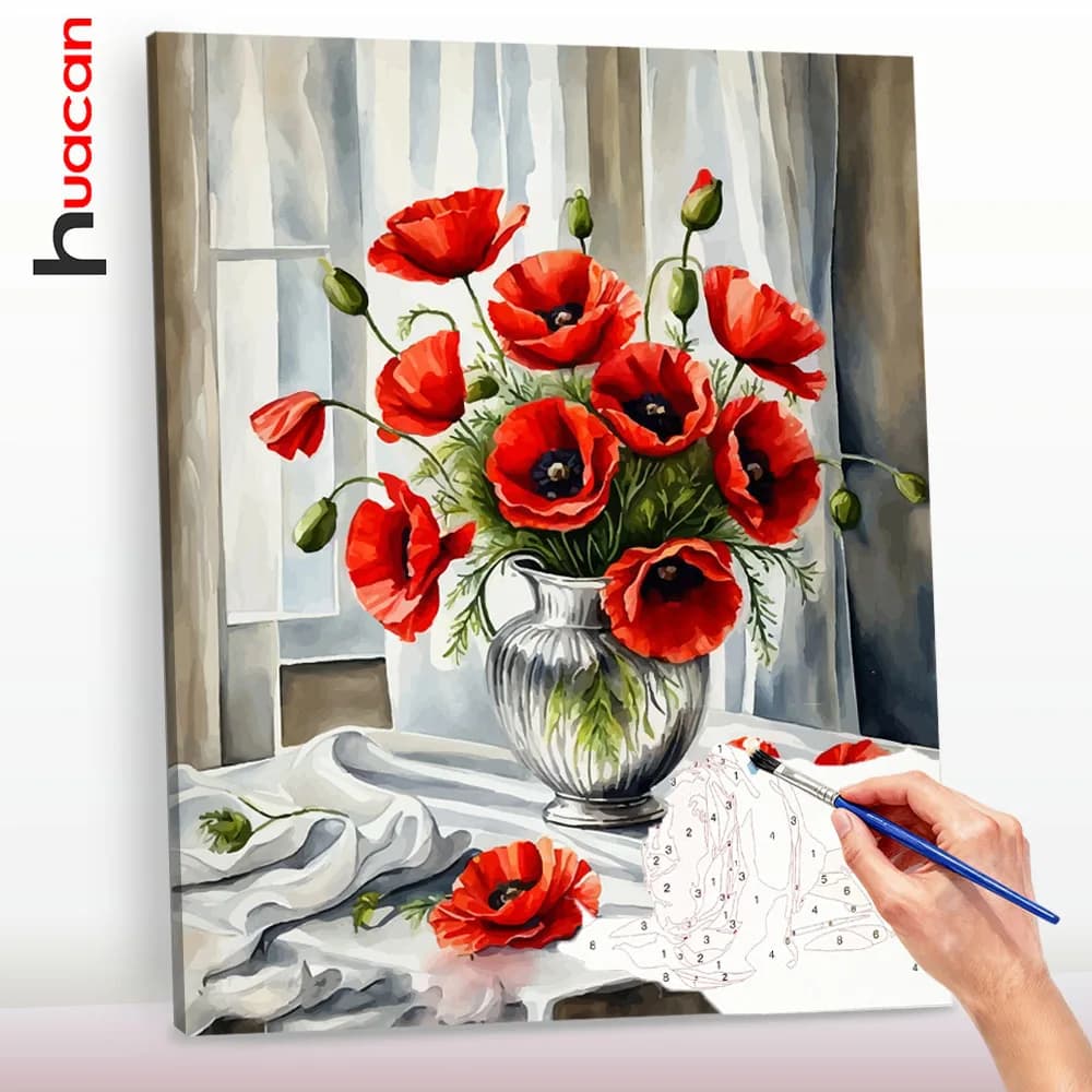 Huacan DIY Digital Oil Painting Poppy Vase By Numbers Flower Arts And Crafts Christmas Gift Wall Decor Living Room