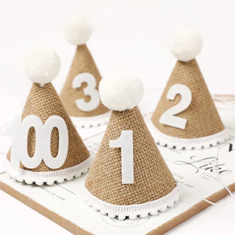Hat for First Birthday Corona Berretto in Canvas Children Boy Girl Newborn 1st 3° Year Birthday Party Baby Shower Decoration Linen Charm