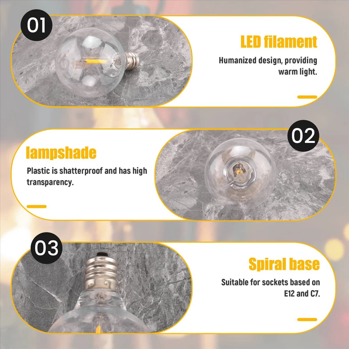 X09A 6 lampadine di ricambio a LED G40, lampadine a globo LED infrangibili con base a vite E12 per luci a corda solare bianco caldo