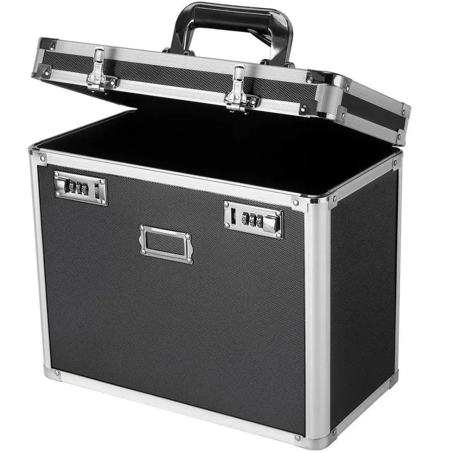 Organizer holder box, portable container with double combination closure for office documents archive, black