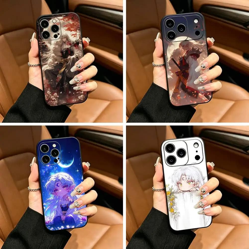 Cover Morbida Nera per iPhone con Personaggio Anime Inuyasha-Sesshomaru per Modelli 17, 16, 15, 14, 13, 12, 11 Pro Max, 16 Plus, XS