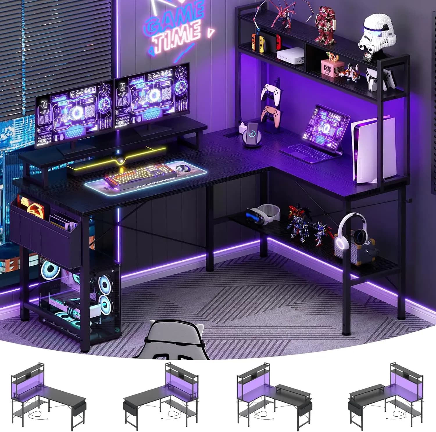 L Gaming desk with LED lights, Current sockets, Monitor support and Storage space - Black