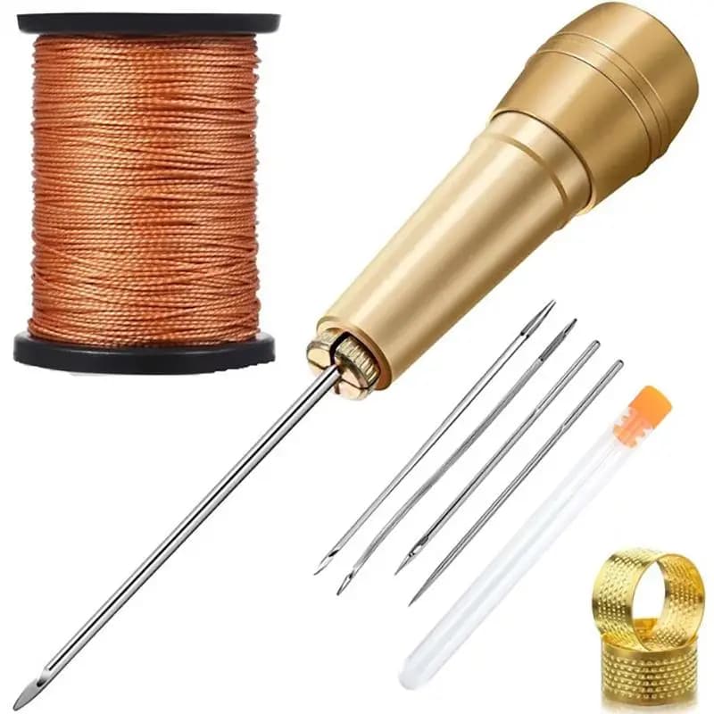 Leather Sewing Kit Copper Handle Nylon Thread Multifunctional Hand Sewing Tools for Outdoor Emergency Repair DIY Craft Making