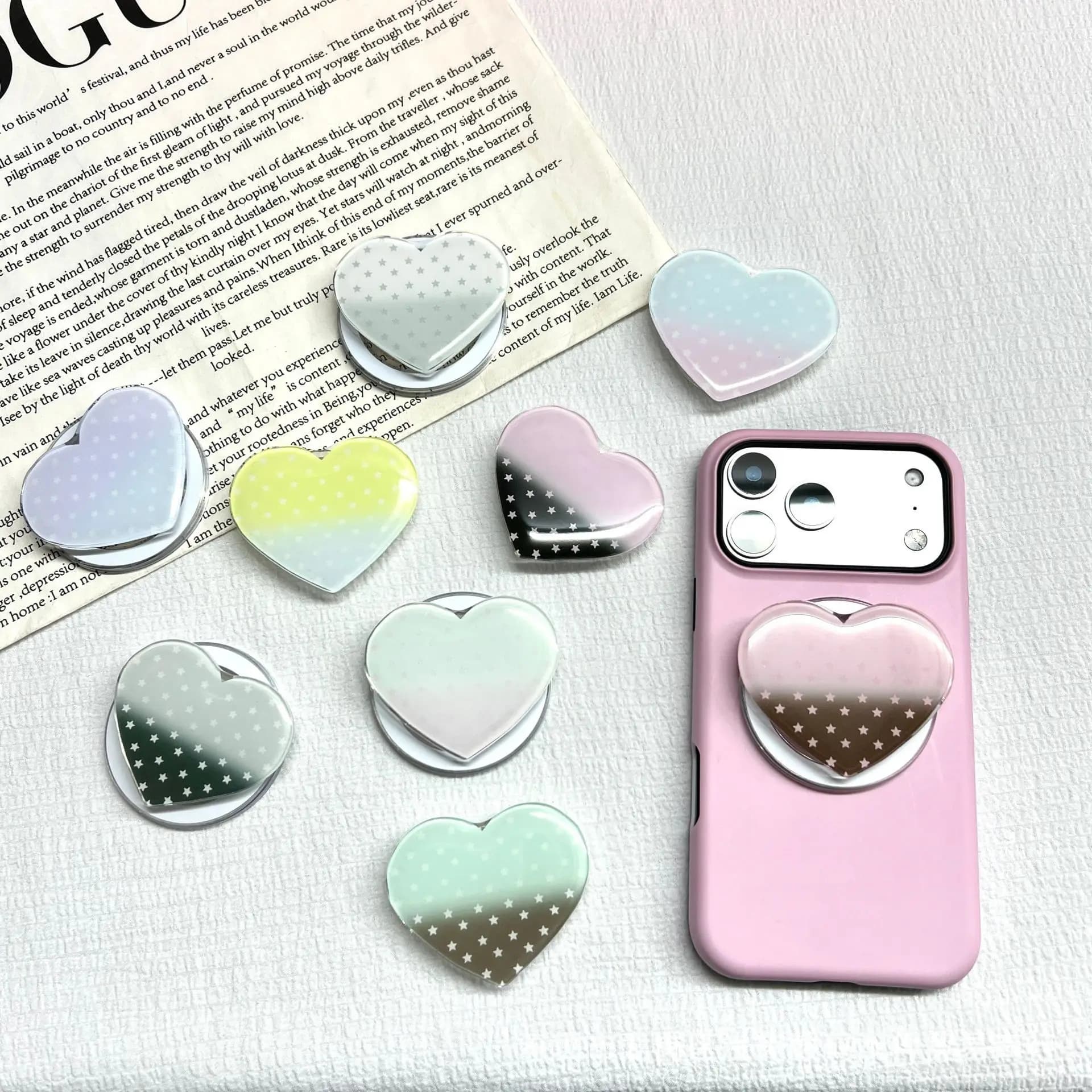 Supporto Magnetico per Telefono a Forma di Cuore Sfumato, con Ventosa Pieghevole e Adesivo, Supporto da Tavolo per Cellulare, Presa per Dita