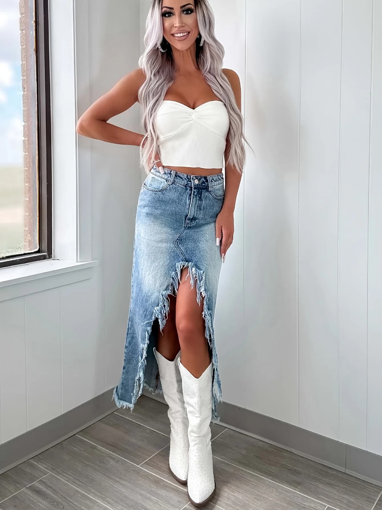 Retro Slim Fit Denim Skirt with Slit & Fringe