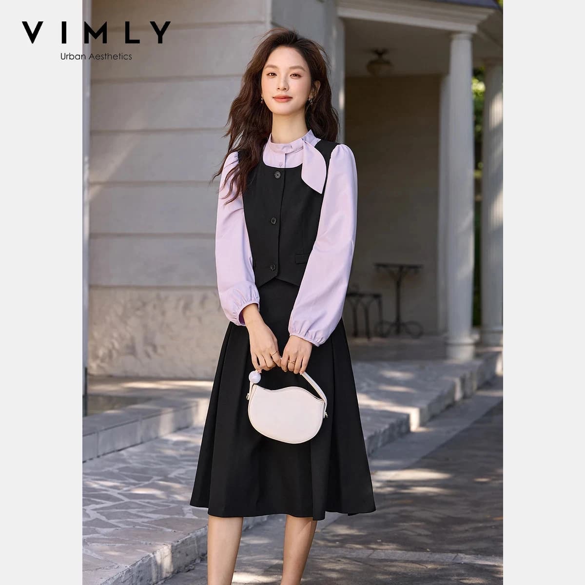 VIMLY Woman Contrast Color Dress Casual Puff Sleeve Long Dresses Spring 2026 Elegant Patchwork Stand Neck Ladies Dress A3751