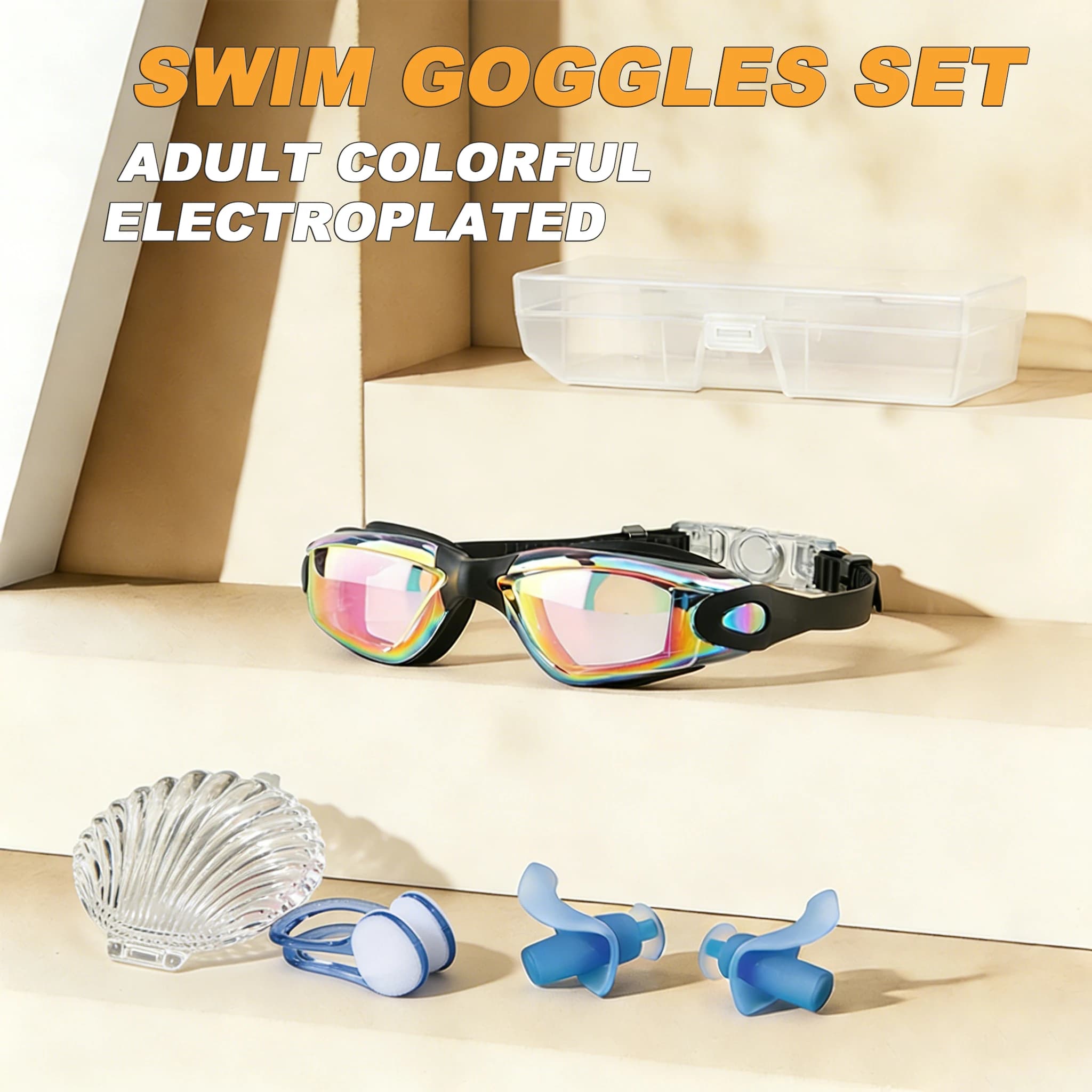 Set di Occhialini da Nuoto con Tappi per le Orecchie e Clip Nasale, Occhiali Professionali Regolabili in Silicone Impermeabili, Antiappannamento e Protezione UV