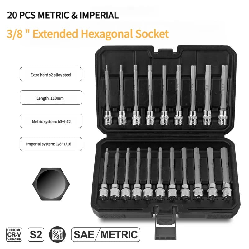 20PCS Socket Wrench Tool Set 3/8" Drive Extended Hexagonal Socket Metric & Imperial Screwdriver Batch Head Sleeve Hand Tool