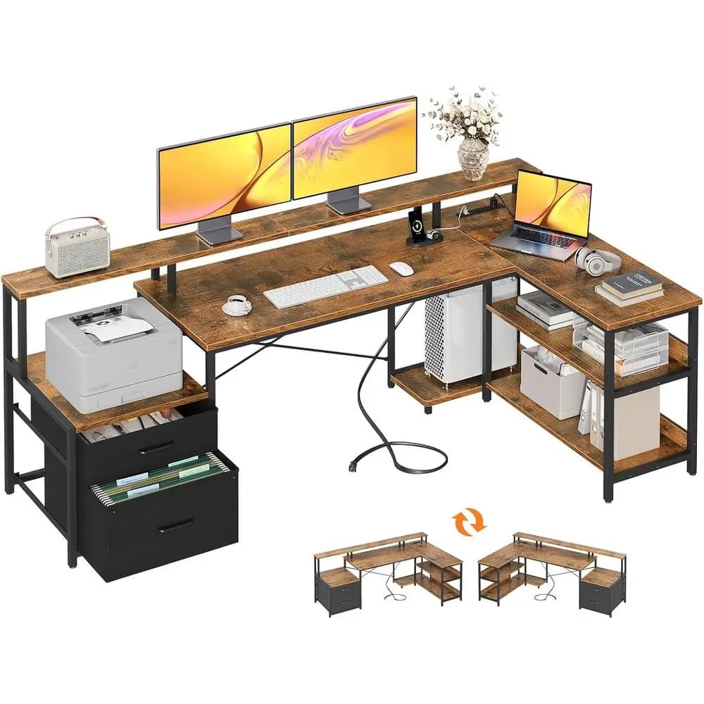 75-inch L-Shaped Home Office Desk with Power Outlet, Storage Shelves, and Monitor Stand, Vintage Style