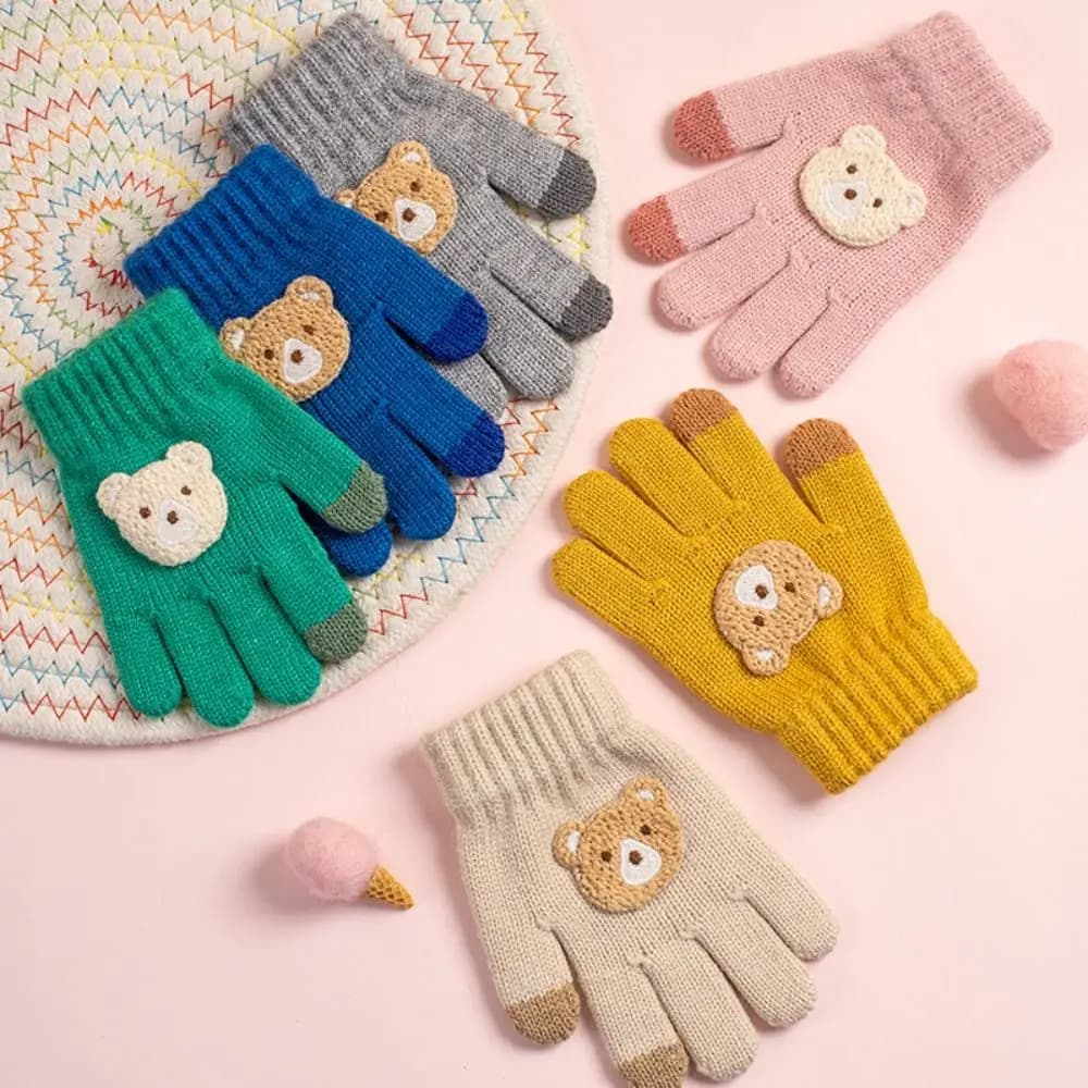 Guanti per Bambini 2-6 Anni, Guanti a Dita Intere con Uncinetto, Motivo Orsetto, Antivento e Antifreddo, Caldi per Autunno e Inverno