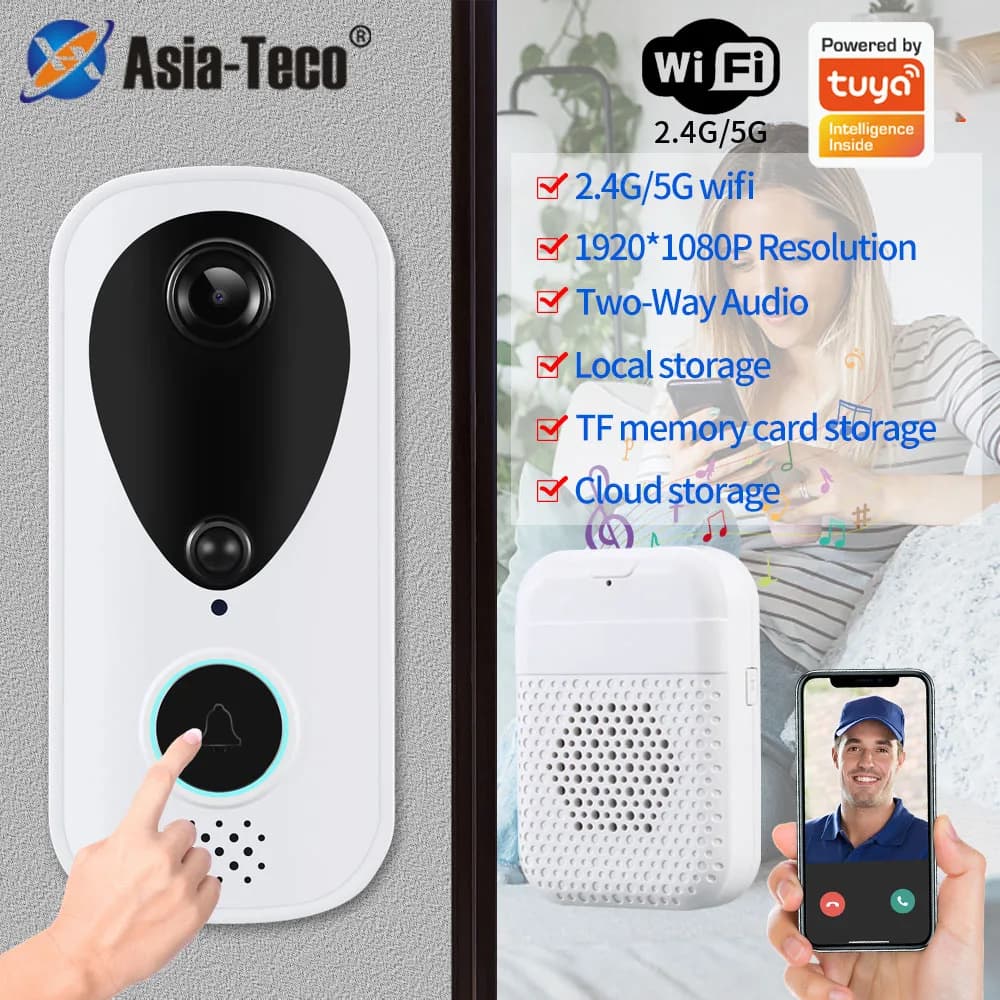 Tuya WiFi 1080P Wireless Smart Life Video Doorbell-IP65 Sistema citofonico impermeabile con movimento PIR e audio bidirezionale per casa/ufficio