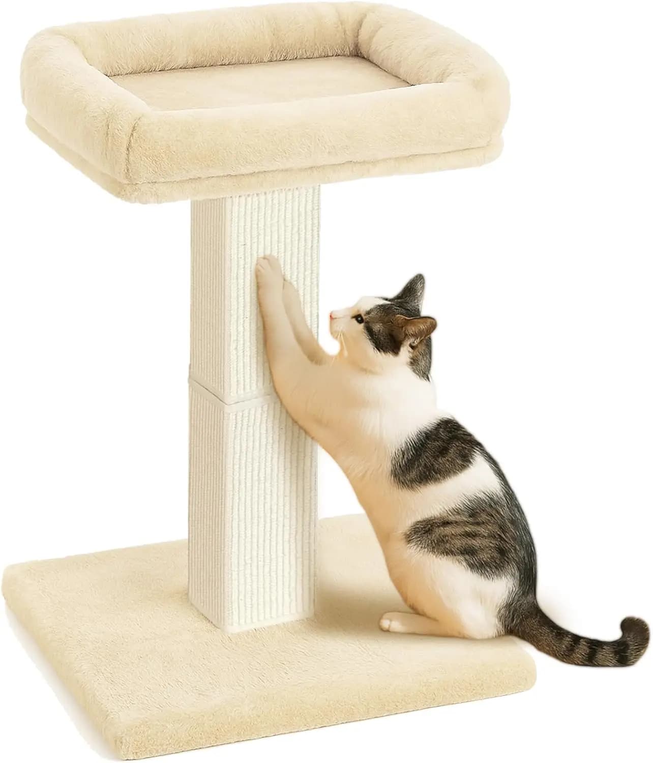 Tiragraffi per Gatti da 32 Pollici con Sedialetta in Peluche, Tiragraffi in Sisal e Moquette, Letto Rialzato per Gatti da Interno, Rivestimento Lavabile in Beige