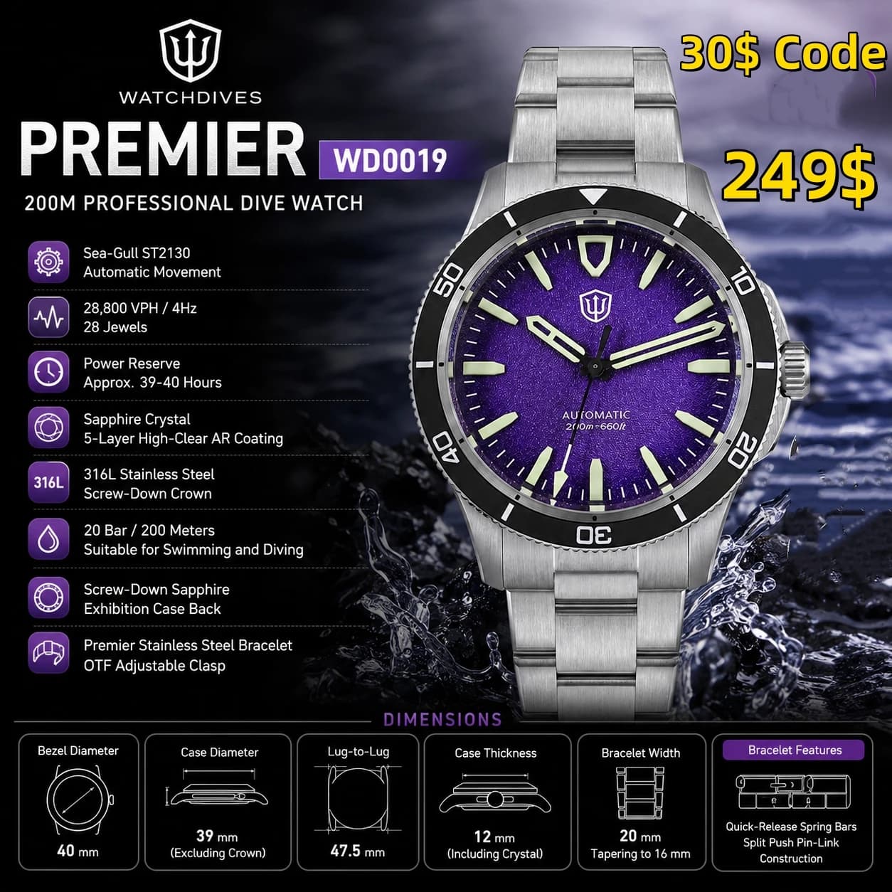 Watchdives Premier WD0019 Orologio automatico 39mm ST2130 Zaffiro 200M Impermeabile con lunetta in ceramica Orologio meccanico di lusso da uomo