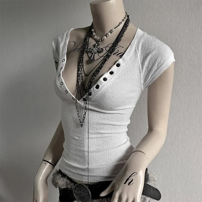 2026 Summer Women Y2K Grunge Goth Streetwear Sexy Ribbed Knit Slim Fit Eyelet Placket Deep V Neck Short Sleeve T-shirt Top