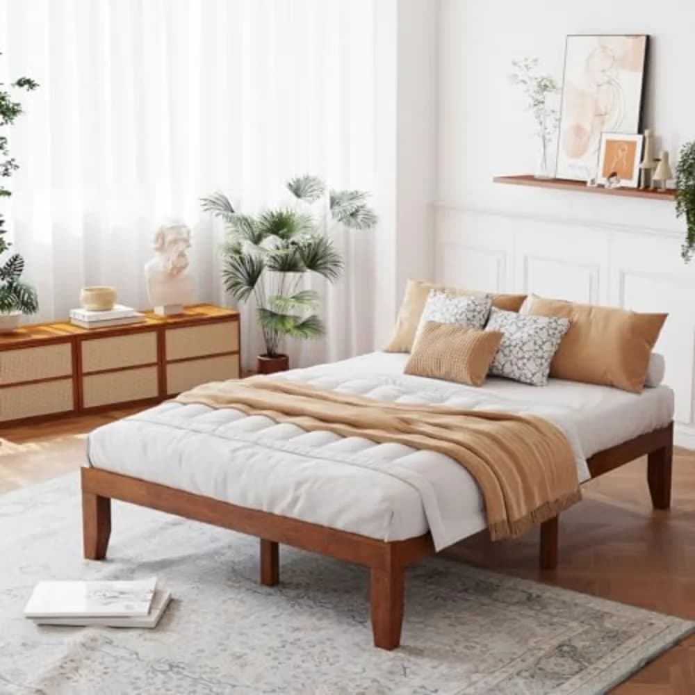 14 Inch Full Platform Bed Frame, Minimalist Style Mattress Foundation with Solid Rubber Wood, Heavy Duty Wood Slat