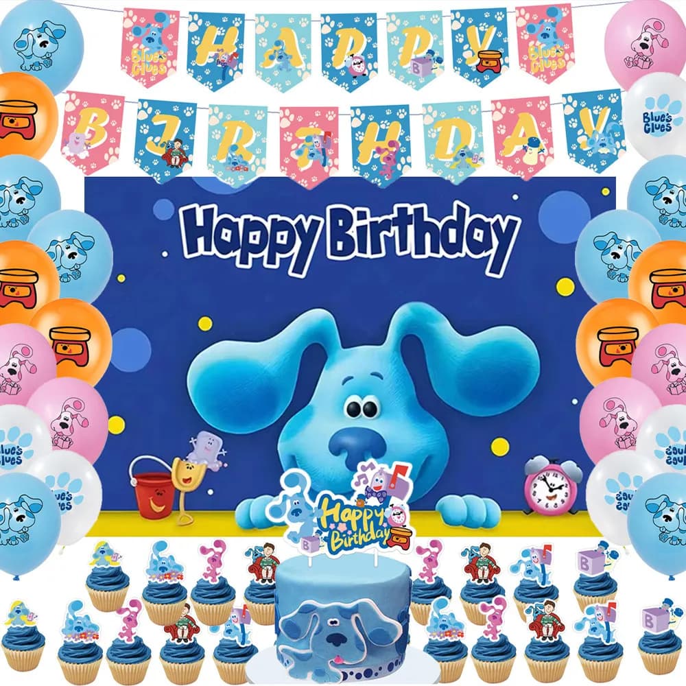 Cartoon Piste Blu Cuccioli Tema Festa di compleanno Cane blu Palloncino Cake Topper Banner Sfondo Educazione precoce Baby Shower Decor