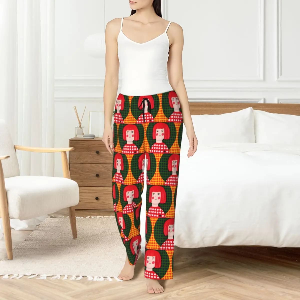 Women's Custom Pijama Pants with Abstract Artistic Print K-Kusama Yayoi, Nightwear with Pockets