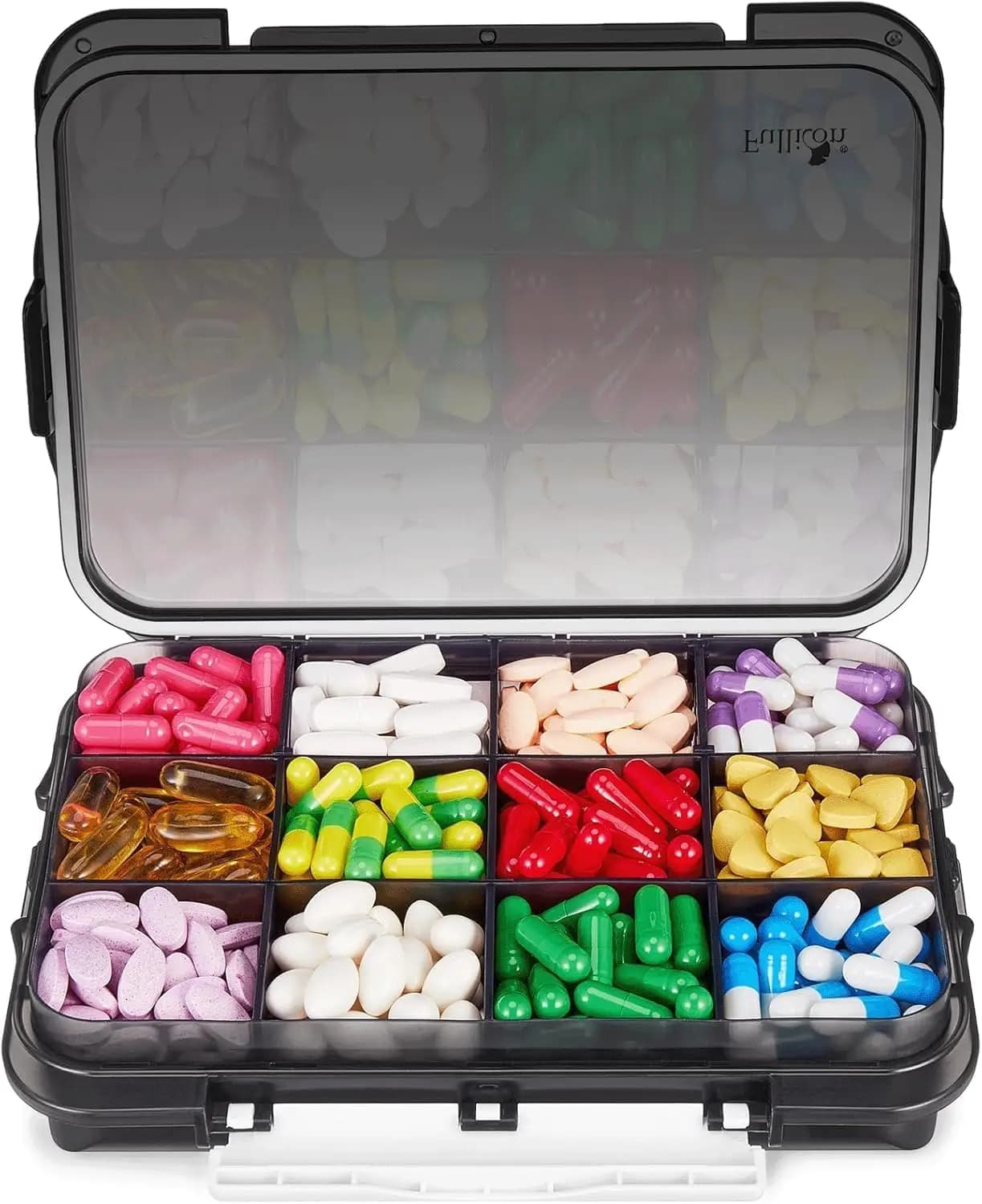 12-Compartment Pill Organizer with Secured Buckles, Large Travel Supplement Box, Moisture Proof, Removable Dividers (Black)
