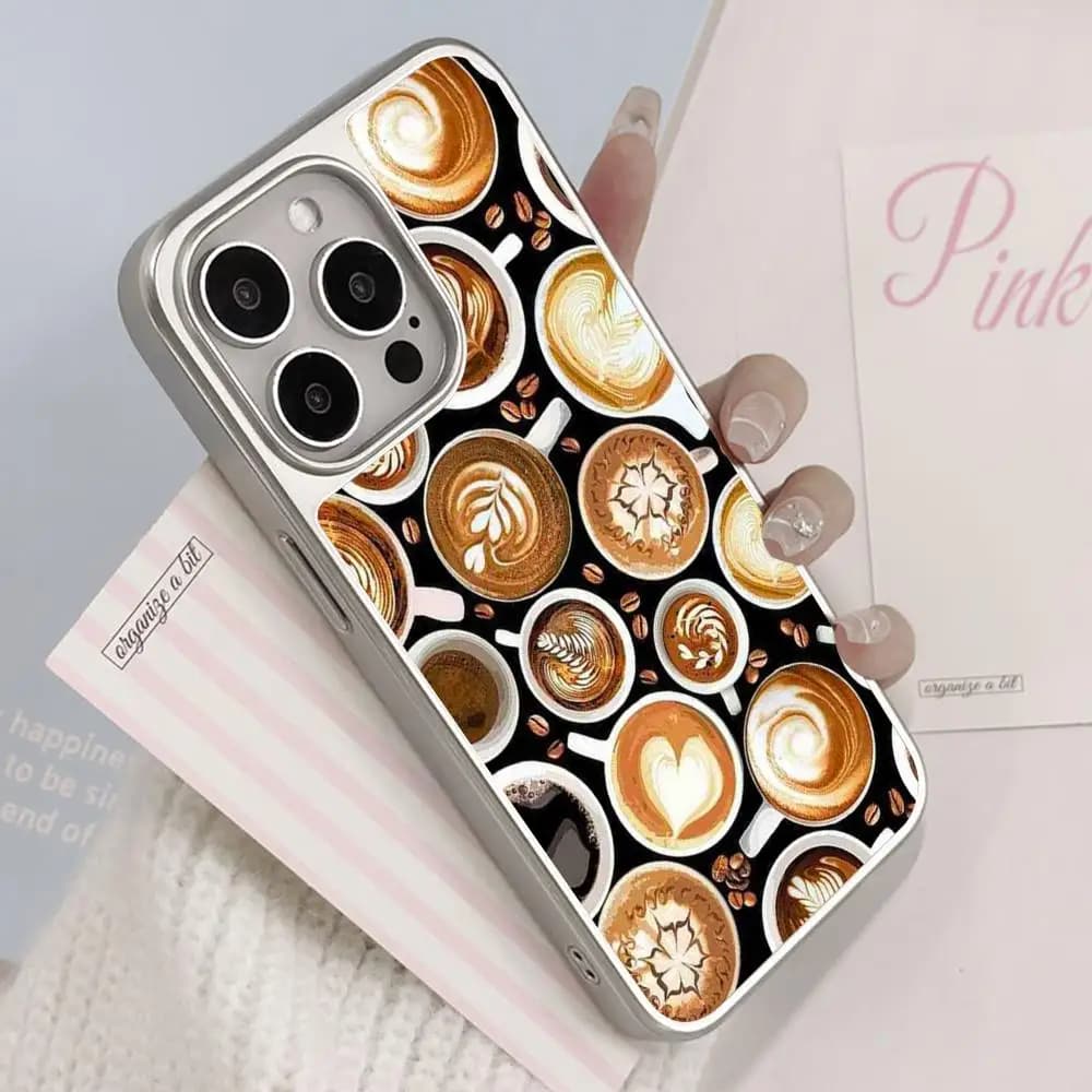 Coffee Beans Phone Case for iPhone 18 17 16 15 14 13 12 11 Air Pro Max Plus Electroplated Silver Cover