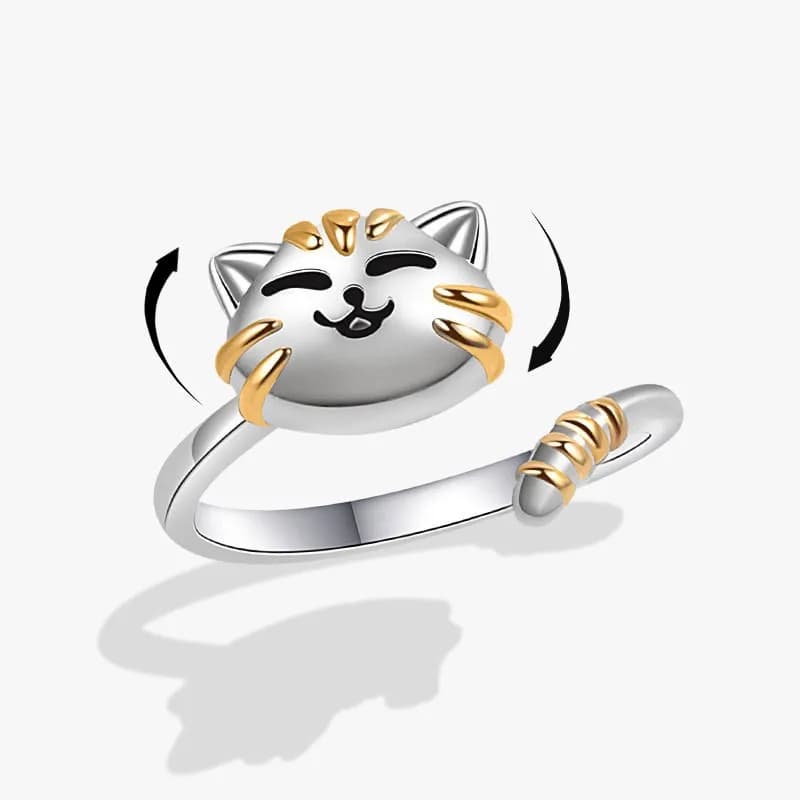 Anelli Antistress a Forma di Gattino Dorato Cartoon, Gioielli Girevoli Regolabili per Donne e Uomini
