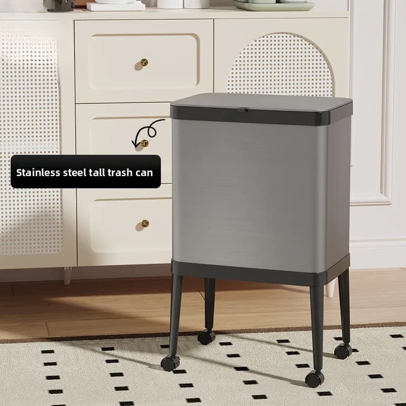Tall Stainless Steel Kitchen Trash Can on Wheels Large Capacity Garbage Bin for Home Rolling Waste Baskets No Bending Dustbins