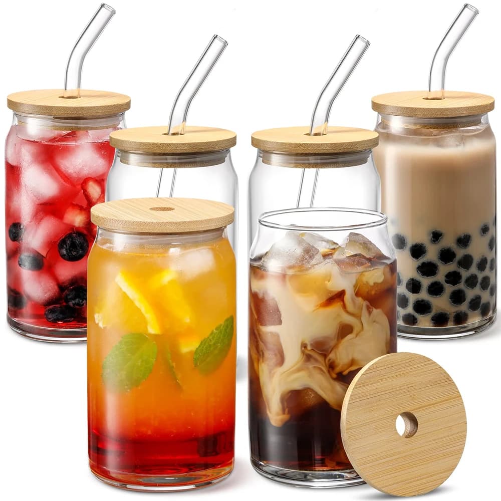 Tazza di vetro da 350 ml/550 ml con coperchio e cannuccia Tazza di tè a bolle trasparente Succo di vetro Lattina di birra Latte Tazze di moka Tazza per la colazione Bicchieri