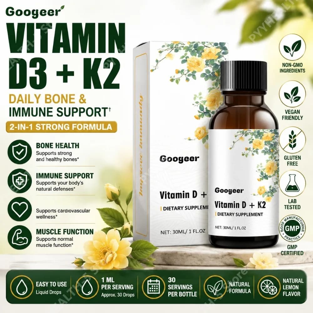 Googeer Gocce di Integratore di Vitamina D + K2 con Gluconolactone, Estratto di Medicina Tradizionale Cinese, Supporta la Salute delle Ossa, 30 ml Netto