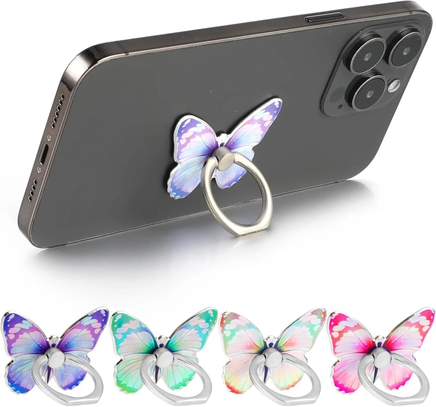 Set di 4 Supporti ad Anello per Telefono a Forma di Farfalla, Colorati e Carini, Impugnatura in Metallo per Cellulare, Compatibili con Telefoni e Tablet, Rotazione a 360° ° Rotazione