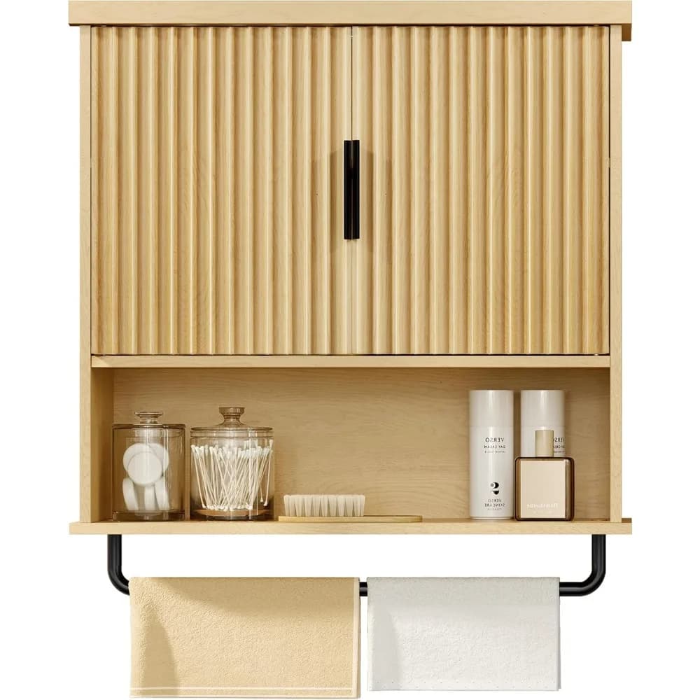 Mobiletto da Bagno a Parete Sopra il WC con Ripiano Regolabile, Porta Asciugamani, Ante Scanalate, 60x73 cm, Rovere Beige