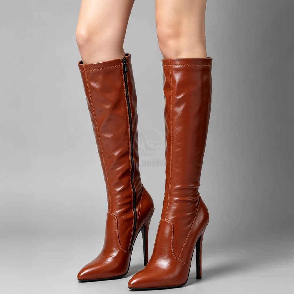 Custocm Stivali vintage alti al ginocchio unisex con tacco a spillo alto da 5 pollici Scarpe a punta in pelle verniciata
