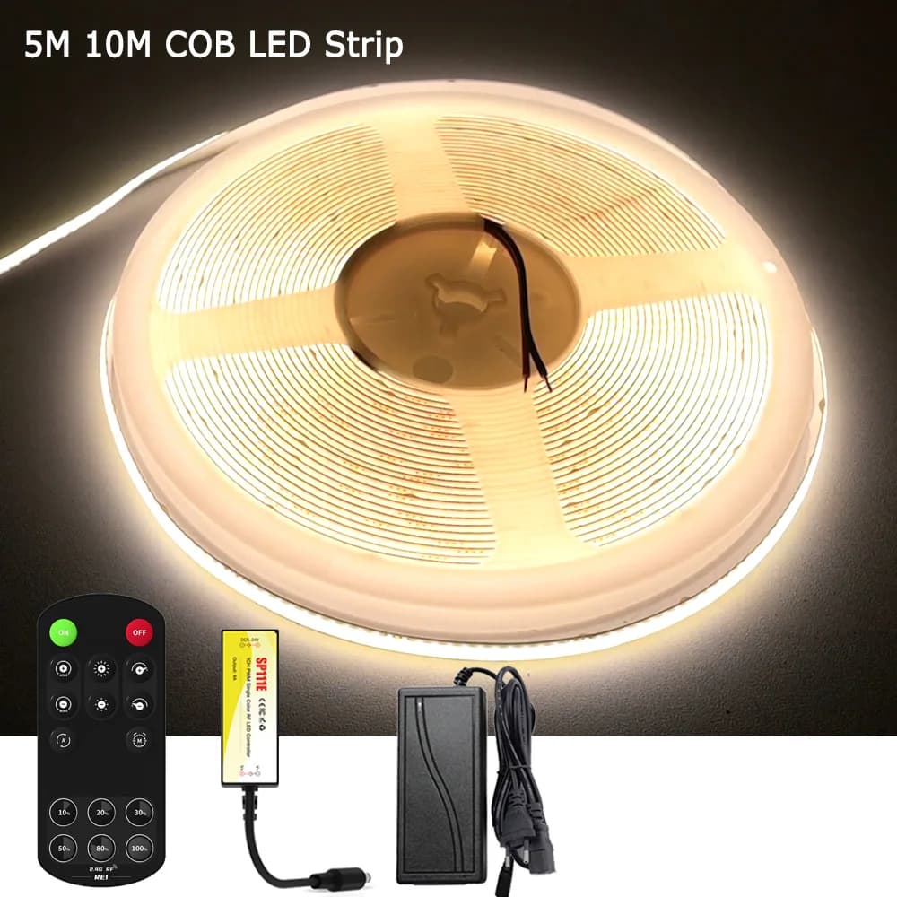 Kit Completo di Controllo Remoto RF 5m 10m, Striscia LED COB 24V Bianco Caldo Naturale Dimmerabile Flessibile per Illuminazione di Stanze, Cucine e Armadi Senza Punti Luminosi