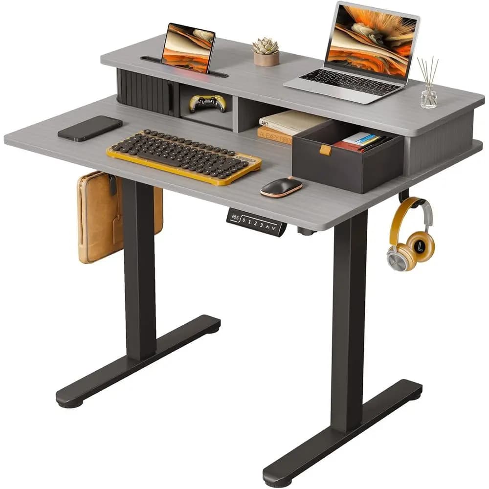 Piccola Scrivania Elettrica Regolabile in Altezza, 35" x 25", con Supporto Monitor Integrato e Vano Portaoggetti, Scrivania Sit-Stand Grigia