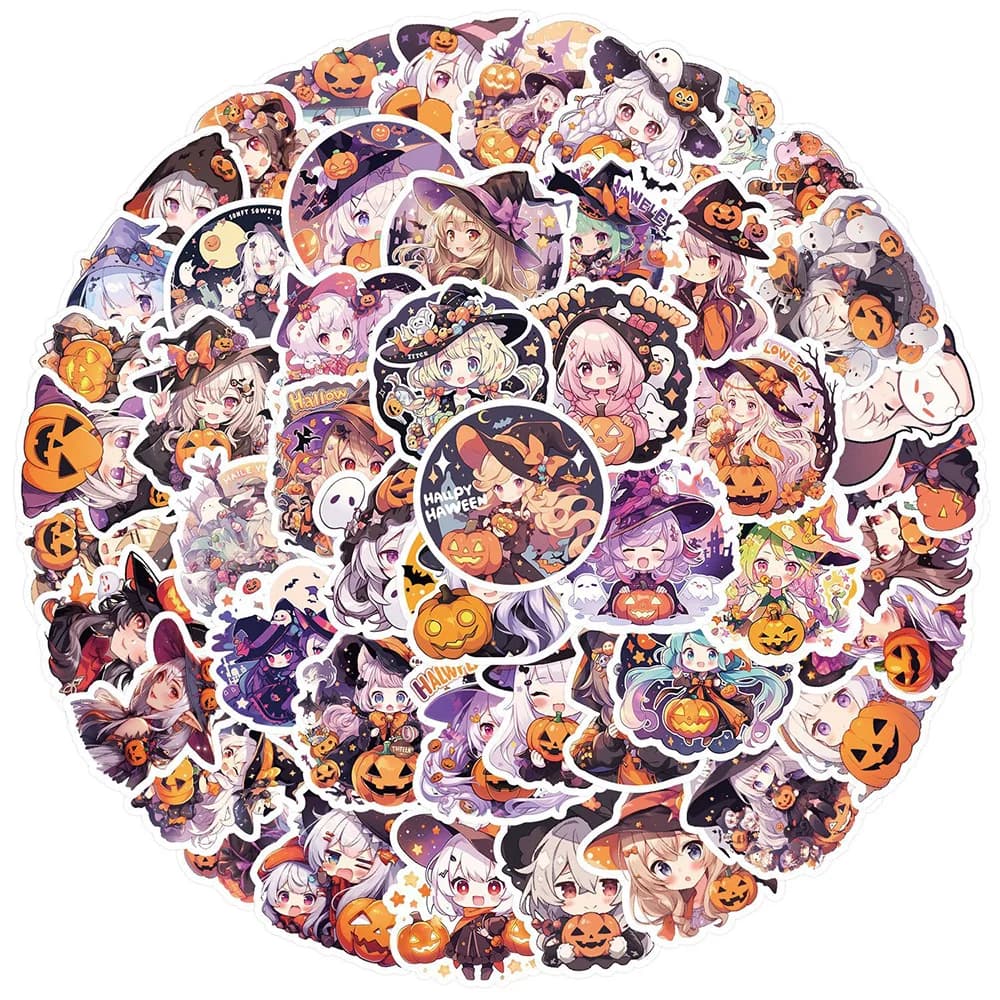 10/30/50/100 Pezzi Adesivi di Halloween con Zucca e Ragazze Anime per Laptop, Bicicletta, Skateboard, Impermeabili, Carini, Decorazioni Cartoon