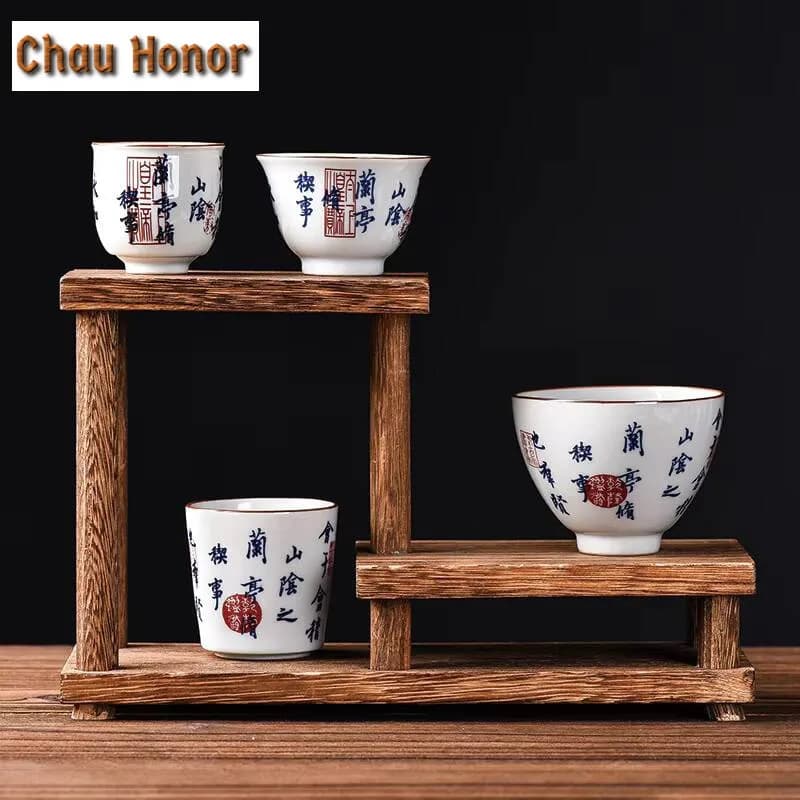 2pc/set Antique Preface to Lanting Ceramic Teacup Chinese Calligraphy Art Master Cup Coarse Pottery Mug Kung Fu Tea Ceremony