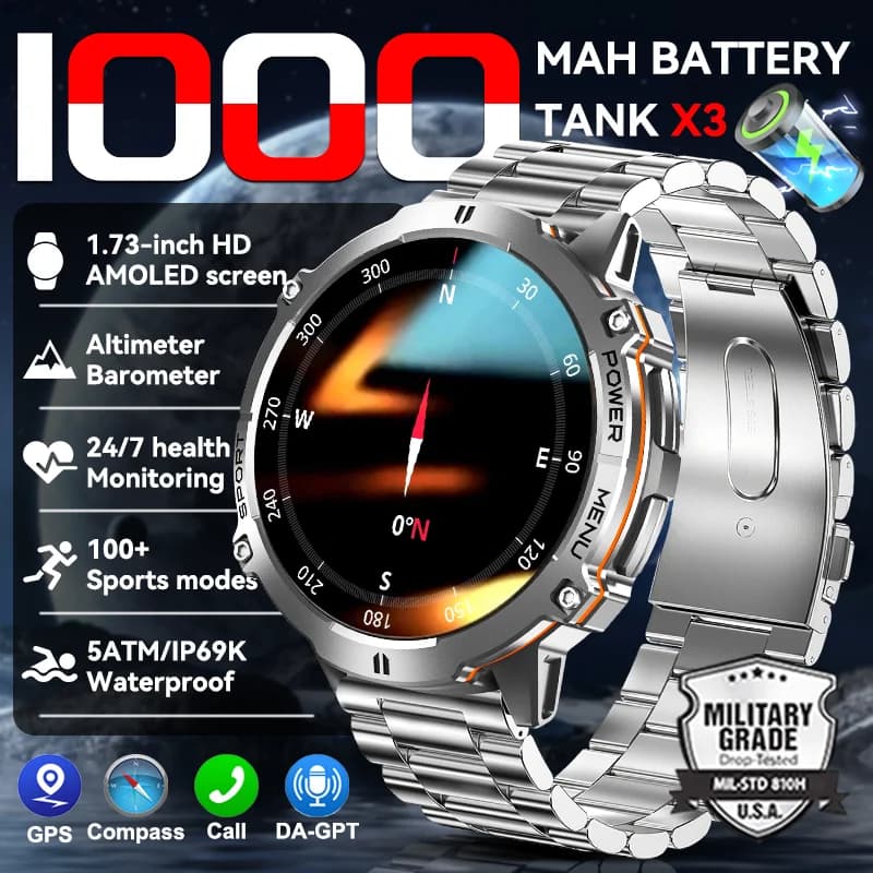 Nuovo Durevole 1000mAh Batteria di Grandi Dimensioni Orologio Da Uomo Smart Watch Schermo da 1.73 Pollici GPS Bussola 5ATM Impermeabile Chiamata Bluetooth Sport Smartwatch