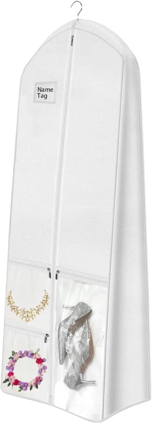 Borsa Porta Abiti da Sposa da 72 Pollici con Design a Soffietto da 10 Pollici, 4 Tasche per Abiti Lunghi, Bianca
